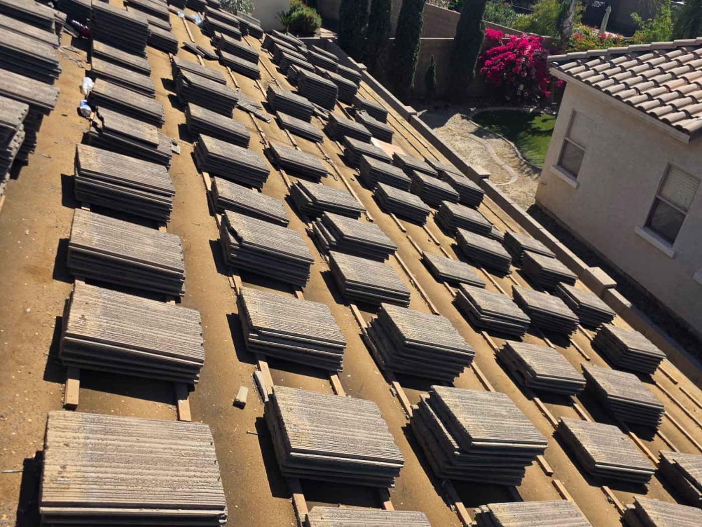 Tile roof underlayment rows prepared for installation